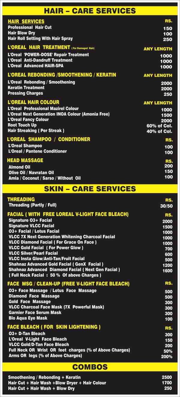 Rate List – Hair Smoothening Price-75% Discount